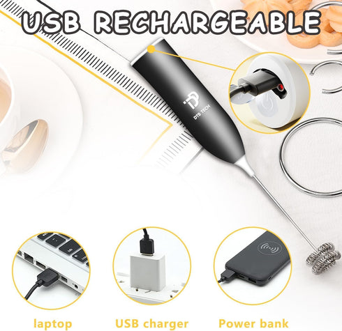 Handheld with Stainless Steel Stand USB-charging Foam Maker, DOUBLE WHISK Mini Blender and Electric Mixer Coffee Frother (Black)...