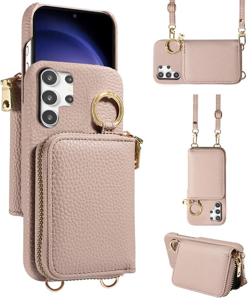 Furiet Wallet Case for Samsung Galaxy S24 Ultra 5G with Shoulder Strap Ring Buckle, Luxury PU Leather Zipper Flip Organ Purse, Card Holder Stand C...
