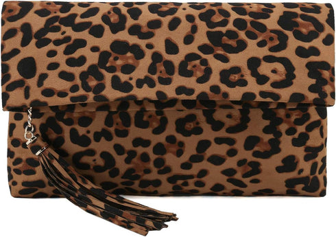 CHARMING TAILOR Leopard Clutch Bag for Women Tassel Foldover Clutch Faux Suede Dressy Purse for Day to Evening...