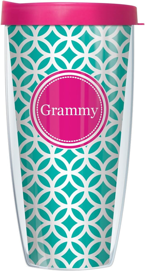 Pink Grammy Insignia Wrap on Teal and White Roundabout 22 Ounce Double-Walled Travel Tumbler Mug with Hot Pink Easy Sip Lid...