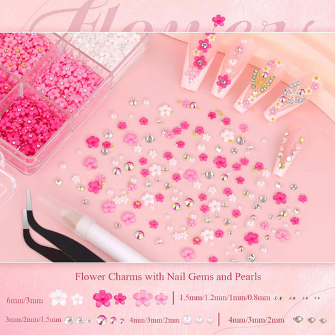 3D Nail Charms and Gems Set 1, 20PCS Gold and Silver Chunky Butterfly Nail Charms with Rhinestones, 3D Flowers for Nails, Flatback Crystals and Pe...