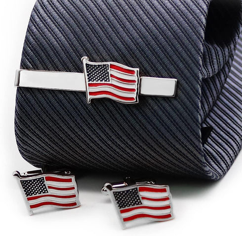Men's american flag tie clip and cufflinks for men set,Suitable Business wedding aviator and Father Day gift,Us flag tie clip,Tie bar for Men...