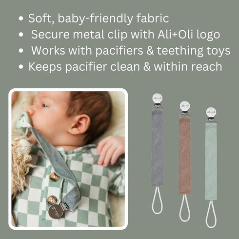Ali+Oli Linen Strap Pacifier Clip (Forest) Set of 3 (10" x 1") Baby Pacifier Holder for Newborn Pacifiers & Teethers, Binky Clips, Silicone-Free P...