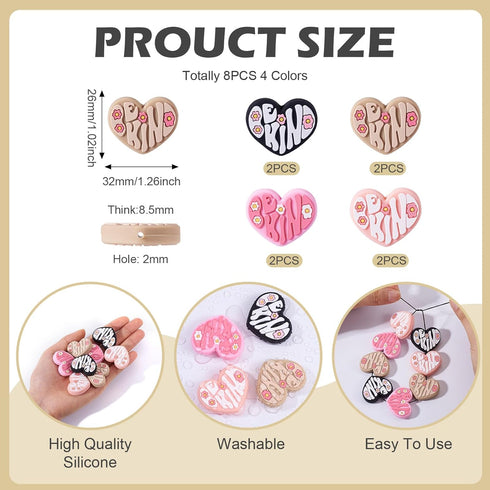 Beadthoven 8pcs Heart Silicone Focal Beads for Pens 4 Colors Heart Shaped Rubber Beads Flower Printed Loose Beads Spacers for Jewelry Making Keych...