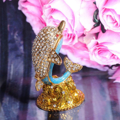 Waltz&F White diamond dolphin Hand Painted Enameled Decorative Hinged Jewelry Animal Trinket Box Unique Gift For Home Decor...