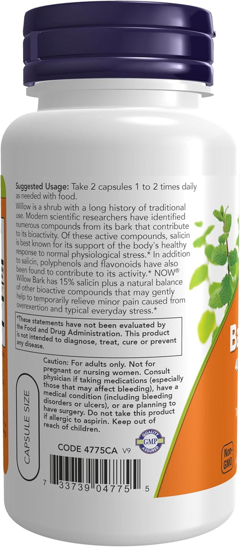 NOW Supplements, White Willow Bark 400 mg with 15% Salicin, Standardized Extract, 100 Veg Capsules...