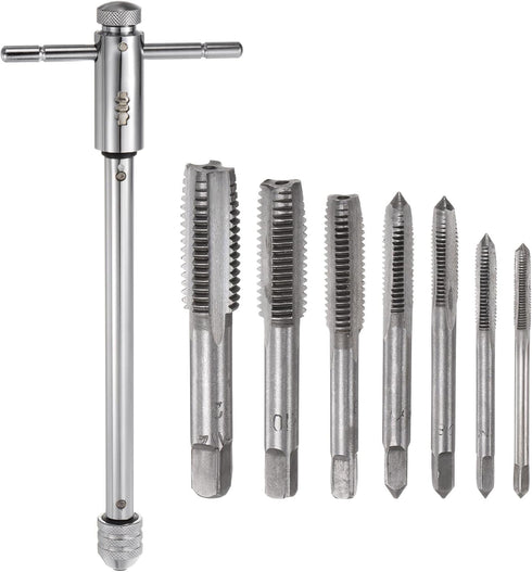 T-Handle Ratchet Tap Wrench + Metric Tap Set, 7pcs M3 M4 M5 M6 M8 M10 M12 Thread Taps and M5-M12 Adjustable 10" Long Ratcheting Wrench Hand Tappin...
