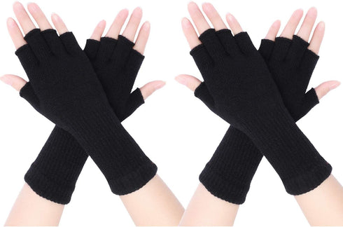 2 Pairs Unisex Fingerless Gloves Half Finger Stretchy Knit Gloves Lengthen Wrist Mittens Winter Warm Gloves...