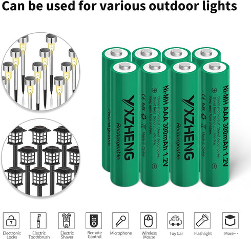8Pcs AAA Battery 1.2v Rechargeable NI-MH 300mAh for Outside Solar Lawn Light (8xAAA)...