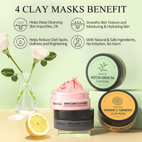 4 Pcs Clay Facial Mask Set - Turmeric, Vitamin C, Green Tea, Dead Sea Mud, and Rose Clay for Deep Cleansing, Moisturizing, and Refining Pores - 24...