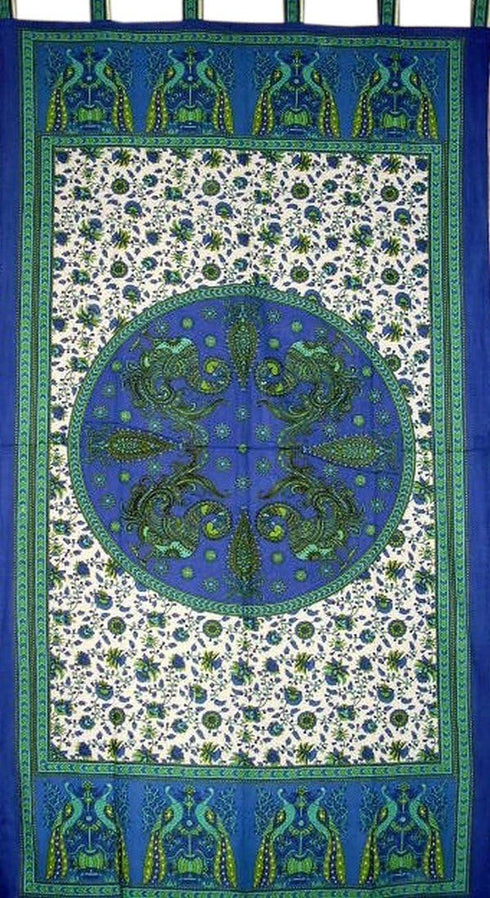 India Arts Peacocks Tab Top Curtain Drape Panel Cotton 44" x 88" Blue...