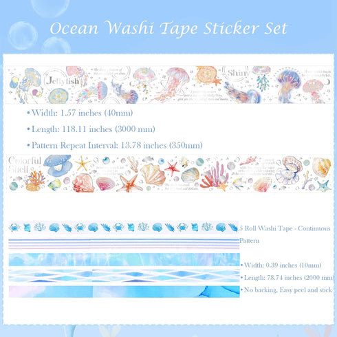 Ocean Washi Tape Set 2+5 Roll, Beach Themed Silver Foil Aesthetic Stickers Scrapbook Tape, Blue Washi Tape for journaling, Junk Journal Supplies, ...