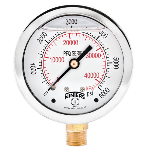 Winters 2-1/2" Dial Size, Liquid Filled Industrial Pressure Gauge, Brass Internals, Stainless Steel Case, Dual Scale 0-6,000 psi/kPa, 1.5% Acc, 1/...