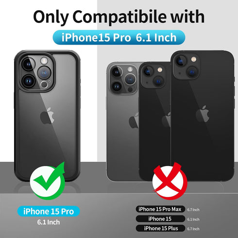seacosmo for iPhone 15 Pro Case, Full-Body Protective with Built-in Tempered Glass Screen Protector + Camera Lens Protector, Military Grade Protec...