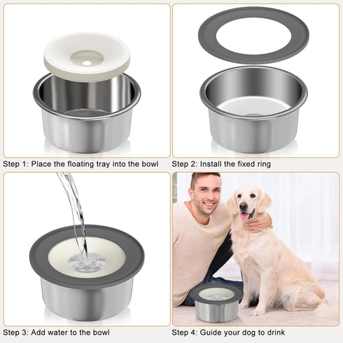 No Spill Water Bowl for Dogs, 2L/70oz Stainless Steel Dog Water Bowl Splash Proof Pet Water Dispenser, Slow Drinking Bowl for Messy Dogs, Cats...