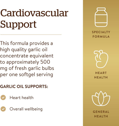 Solgar Garlic Oil Perles, 250 Softgels - Natural Cardiovascular Support - Garlic Oil Concentrate, Reduced Odor - Gluten Free, Dairy Free - 250 Ser...