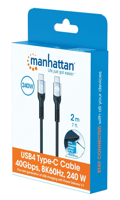MANHATTAN USB 4 Cable – 6.6 ft - 240W Fast Charging USB C Cord, 40 Gbps High Speed Data Transfer, Supports 8K HD Display, Braided – 3 Yr Mfg Warra...