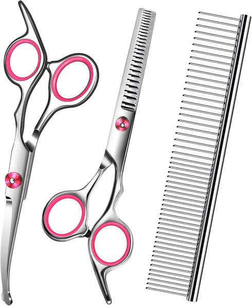 Pink Dog Grooming Scissors with Safety Round Tip,Pet Grooming scissors Kit,Dog Shears for Grooming,Incude Thinning,Curved Grooming Scissors and Co...