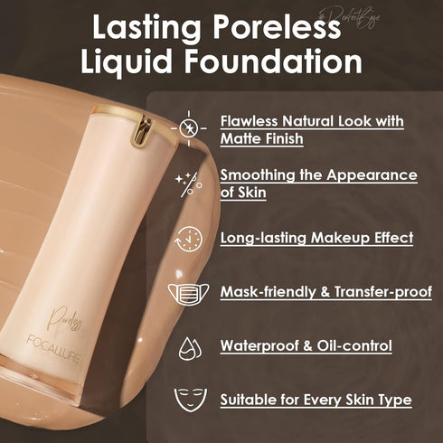 FOCALLURE PerfectBase Lasting Poreless Liquid Foundation, Medium to Full Coverage with Matte Finish, Covers Blemishes & Under-Eye Circles for All ...