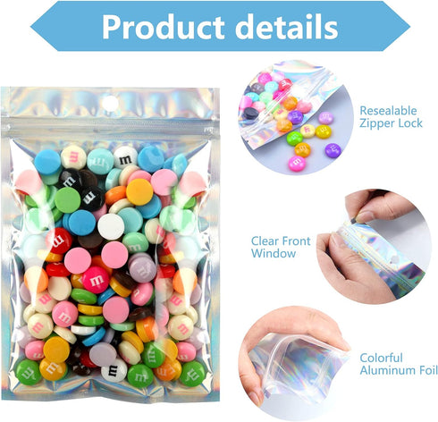 ANZNKU 50 Pack Holographic Bags, 5" x 7" Resealable Small Baggies, Foil Pouch Rainbow Color Packaging Bags for Small Business, Plastic Zipper Bag ...