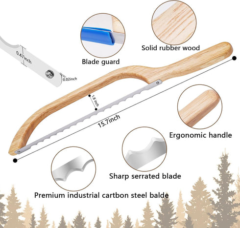 Wooden Bread Bow Knife, Sourdough Bread knife Cutter for Homemade Bread, 15.7" Serrated Bagel Knife, Kitchen Gift for Baker...