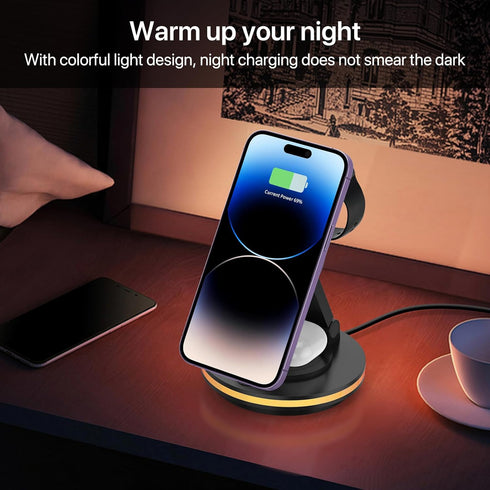 Wireless Charger, 4 in 1 15W Fast Charging Station Magnetic Adsorption,Colorful Light, Qi Foldable Rotatable charger Stand for iPhone 15/14/13/12 ...