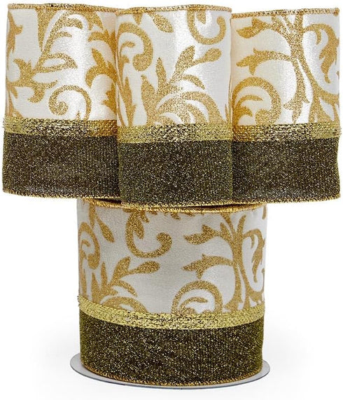 4" X 10 Yards White/Gold Florence Christmas Wide Gold Backed Wired Ribbon...