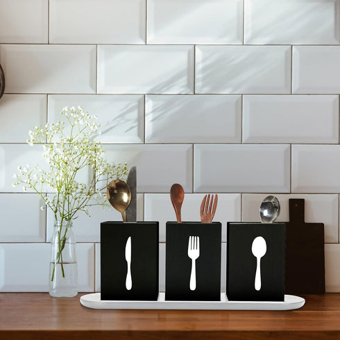 Kathfly 4 Pcs Silverware Caddy Utensil Holder for Countertop Silverware Organizer with Wood Tray Spoon Fork Holder for Kitchen Parties(Black)...