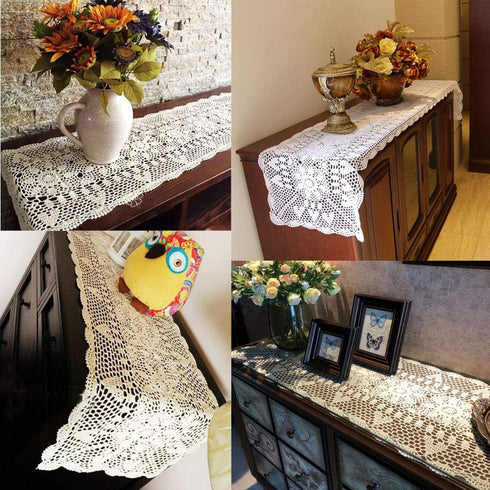 KEPSWET Sunflower Rectangle Handmade Crochet Lace Table Runner Floral Wedding Decoration (14x60 inch, Beige)...