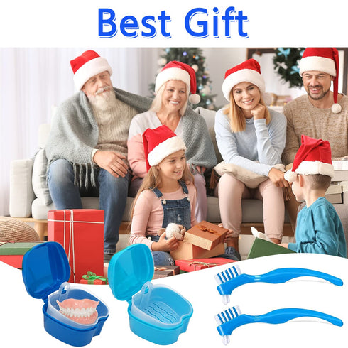 Denture Cleaner Box and Brush Set - 2 Pack Denture Bath Case with Basket + 2 Pack Denture Brush, Portable Denture Retainer Storage Box, False Teet...