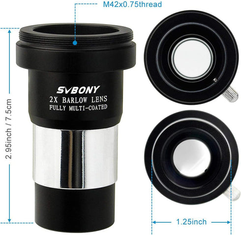 SVBONY Barlow Lens 2X, 1.25 inch Barlow Lens with Multi Coated Broadband Green Film, Telescope Accessories with M42 Thread for Telescope Eyepiece...