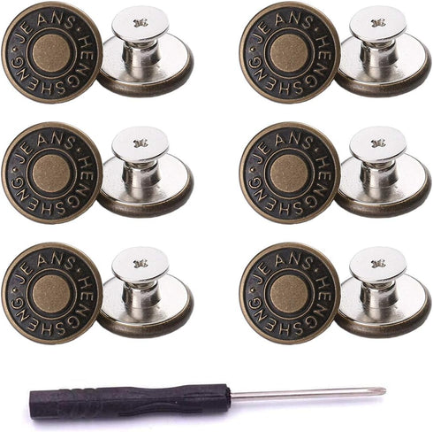 12 Pcs Button for Sewing Metal Jeans,ICEYLI 17 mm No-Sew Nailess Removable Metal Jeans Buttons Replacement Repair Combo Thread Rivets and Screwdri...