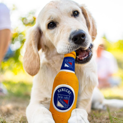 Pets First NHL NEW YORK RANGERS BEER BOTTLE PLUSH DOG & CAT SQUEAK TOY - Cutest STADIUM SODA BOTTLE SNACK Plush Toy for DOGS & CATS with INNER SQU...