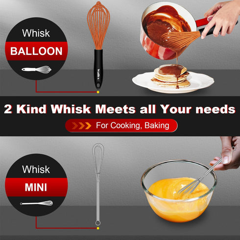 Walfos Whisk, Silicone Whisks Set of 5, Mini Stainless Steel Whisk 7+5in and Non Scratch Coated 7+9+11in Whisks, Suitable for Blending, Whisking, ...