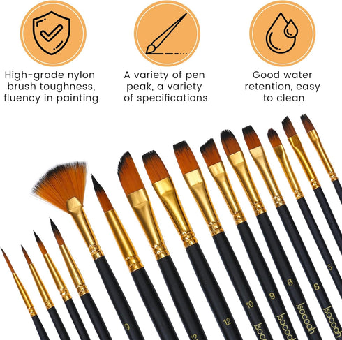 Acrylic Paint Brushes Set 15 Pieces, Nylon Bristle Paintbrushes for Acrylic Painting, Oil and Watercolor Brushes for Body Face Rock Canvas Miniatu...
