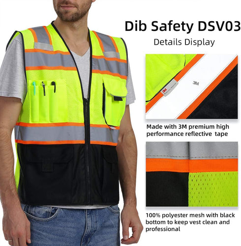 Vest Reflective with Pockets and Zipper, High Visibility Mesh ANSI Class 2, Made with 3M Reflective Tape, Yellow and Black Large...
