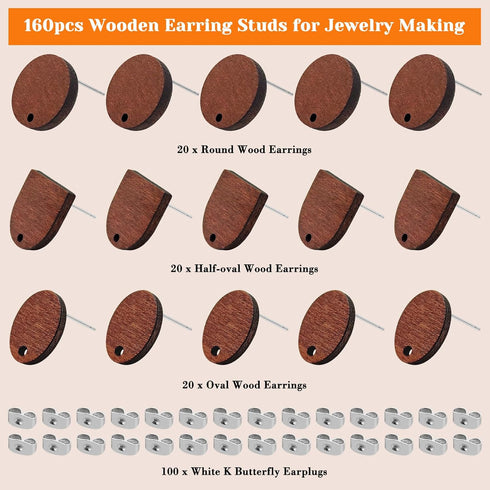 Oubaka 60pcs Wooden Earring Studs for Jewelry Making,Wooden Stud Earrings Wood Earring Posts Earring Pin Stud Bulk with 100pcs Earring Backs for D...