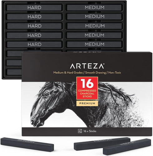 ARTEZA Compressed Charcoal Sticks Set of 16 – Medium and Hard Drawing Crayons for Sketching, Shading, Line Work in Charcoal Art and Figure Drawing...