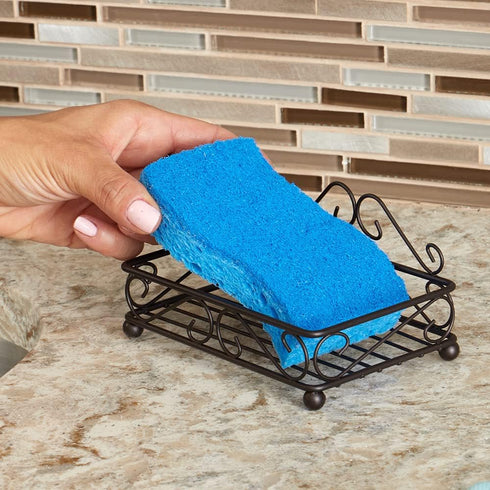 Decorative Sponge Holder for Kitchen Sink by Home Design | Scroll Design in Steel with Bronze Finish | Raised Feet and Raised Back | Caddy Organiz...