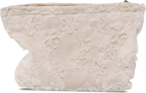 Corduroy Floral Makeup Bag Cosmetic Travel Pouch, Make Up Purse Organizer, Embroidered Lace Flowers,Creamy White...