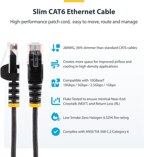 StarTech.com 1.5 m CAT6 Cable - Slim CAT6 Patch Cord - Black - Snagless RJ45 Connectors - Gigabit Ethernet Cable - 28 AWG (N6PAT150CMBKS)...