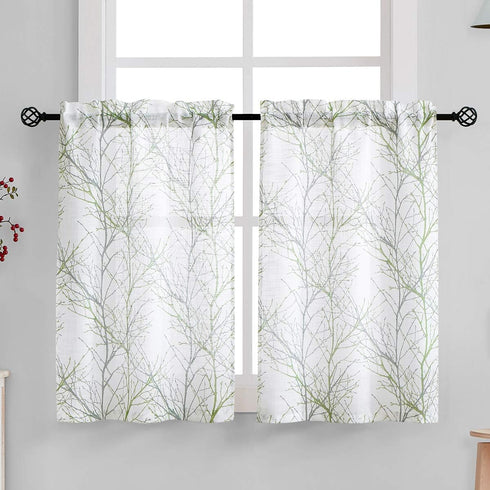 FMFUNCTEX Sage Green Kitchen Curtains with Tree Branch Pattern - Semi Sheer Linen Tiers for Bathroom, Cafe - 24 Inch Length, Grey Farmhouse Rustic...