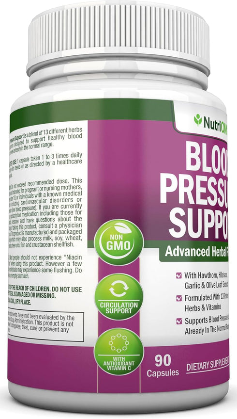 Blood Pressure Support Supplement - 13 Herbs & Vitamins - with Hawthorn, Hibiscus, Garlic & Olive Leaf Extract - Natural Supplement for Women & Me...