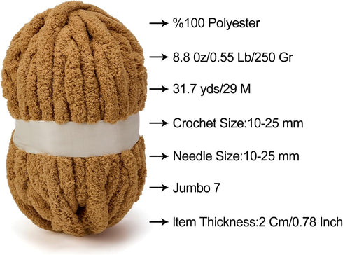 Chenille Chunky Yarn Super Bulky Soft Thick Fluffy Jumbo Giant Washable Polyester Big Yarn DIY for Arm Knit Blanket Cushion Bed Sofa Home Decor,Kh...