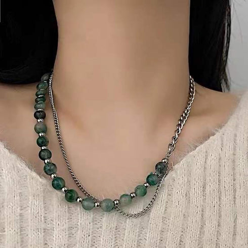 Green Stone Hip Hop Simulated Jade Choker Double Layered Bead Necklace for Men Women...