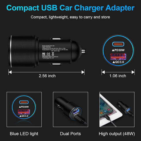 48W USB C Car Charger, All Metal 12V USB Outlet PD & QC 3.0 Fast Charge iPhone Car Charger Adapter Type C Flush Fit Car Plug for iPhone 15 14 13 1...