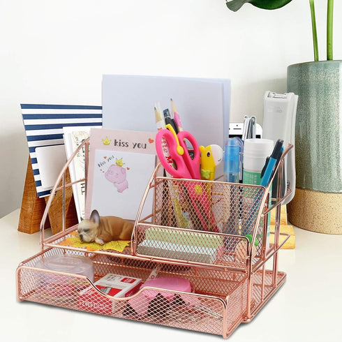 Ogrmar Rose Gold Desk Supplies Organizer, Multi-functional Mesh Desk Organizer with 6 Compartments & Desk Drawer Organizer for Office Supplies and...