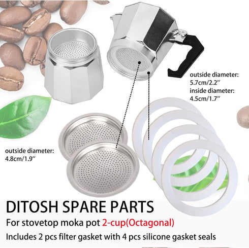 2 Cup Stovetop Espresso Coffee Maker Replacement Parts for Aluminium Moka Pot 2 Pcs Filter with 4 Pcs Silicone Gasket Seals...