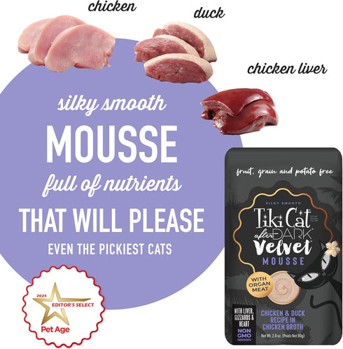 Tiki Cat After Dark, Velvet Mousse, Chicken & Duck Recipe in Chicken Broth, Grain & Potato Free Formula, with High Protein & Nutrient Dense Blende...