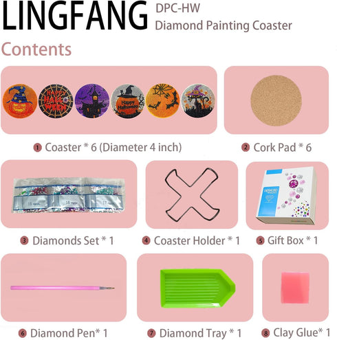 LINGFANG 6 Pcs Diamond Painting Coasters Kits, Helloween DIY Diamond Art with Holder & Cork Pad Non Slip Coaster for Beginners, Diamond Painting C...